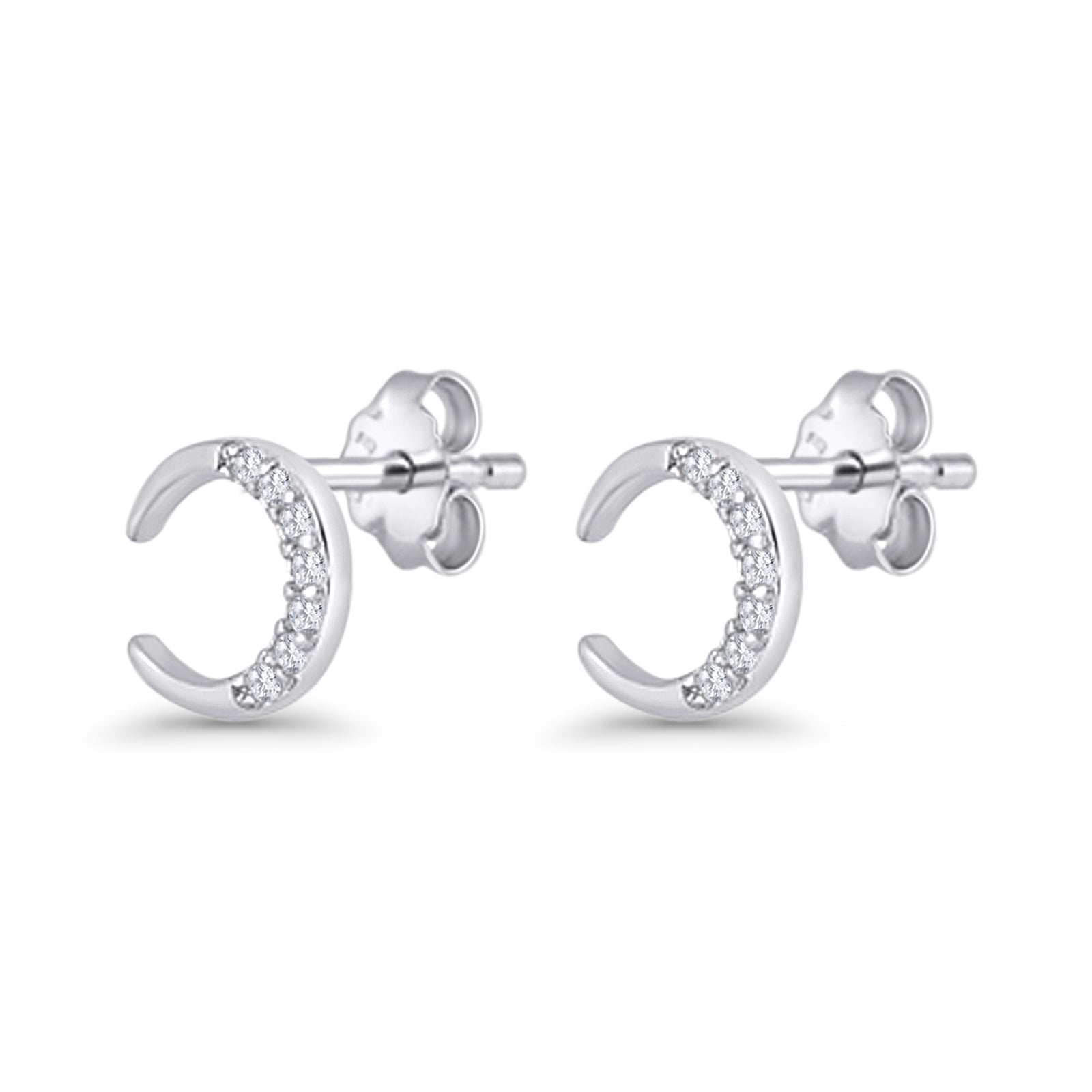 Minimalist 8.1mm Half Moon Stud Earring Cubic Zirconia 925 Sterling Silver