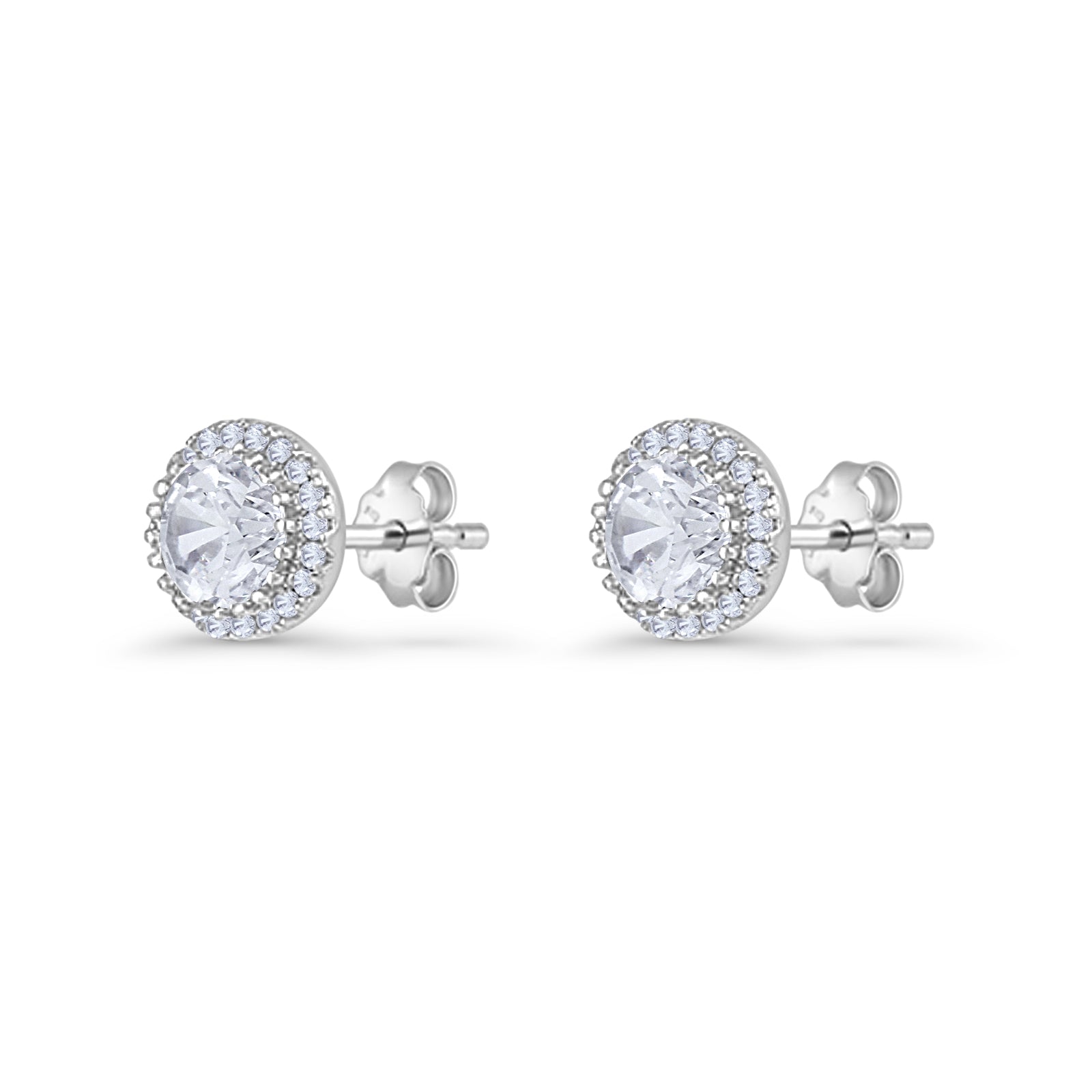 Round Stud Earrings 8.5mm Halo Cubic Zirconia 925 Sterling Silver