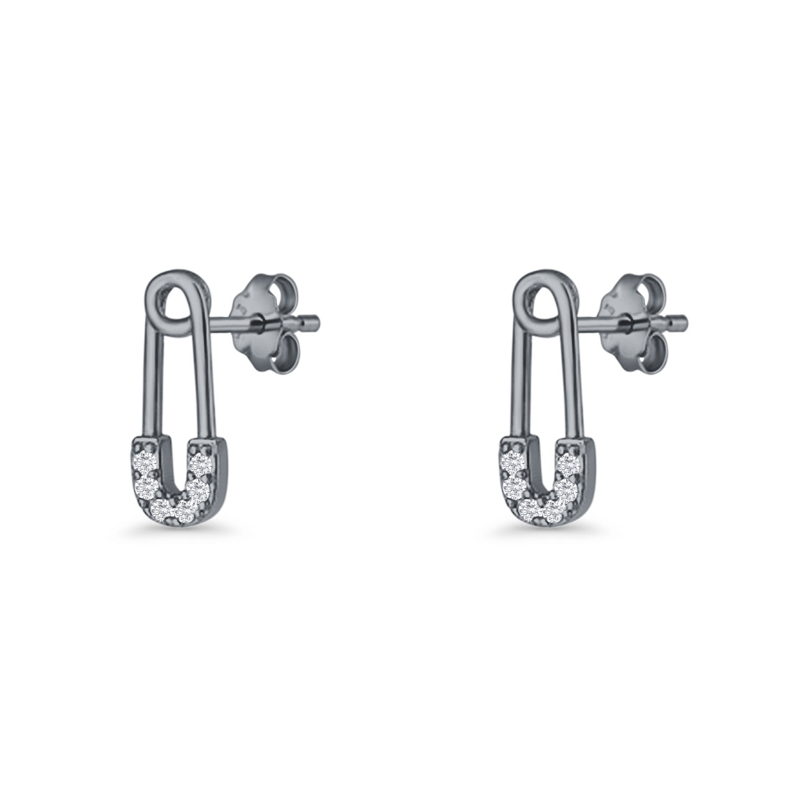 Minimalist 16mm Safety Pin Stud Earrings Round Cubic Zirconia 925 Sterling Silve