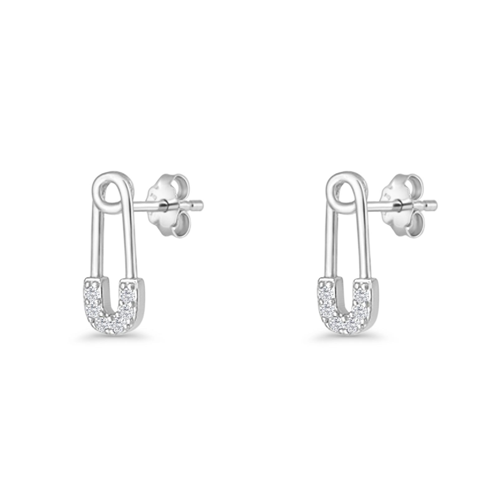 Minimalist 16mm Safety Pin Stud Earrings Round Cubic Zirconia 925 Sterling Silve