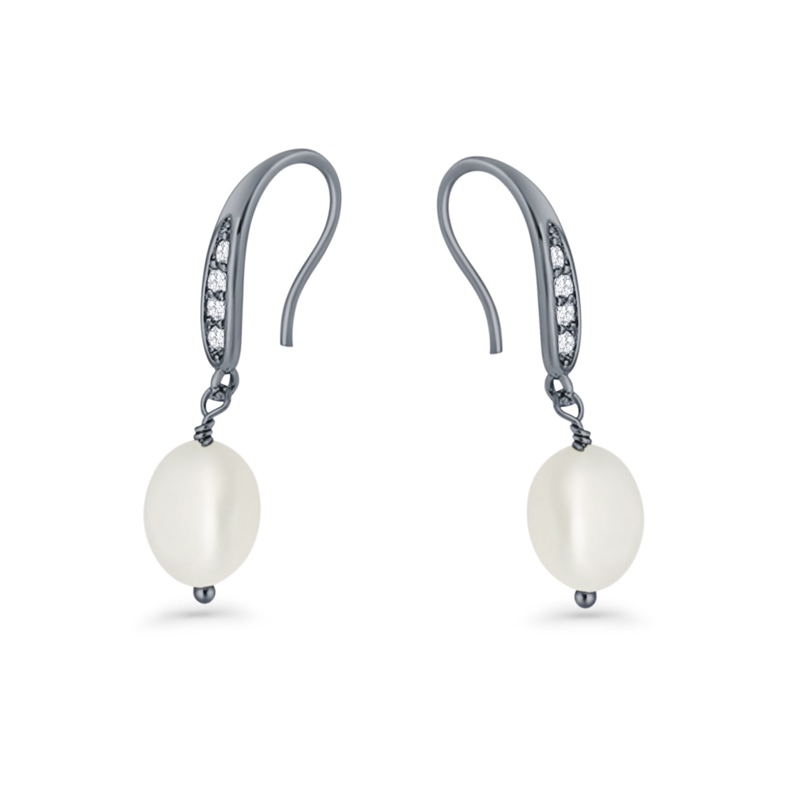 Drop Dangle 32mm Oval Pearl Fishhook Earring Cubic Zirconia 925 Sterling Silver