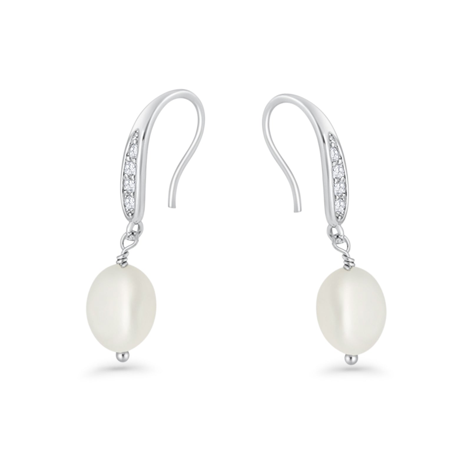 Drop Dangle 32mm Oval Pearl Fishhook Earring Cubic Zirconia 925 Sterling Silver