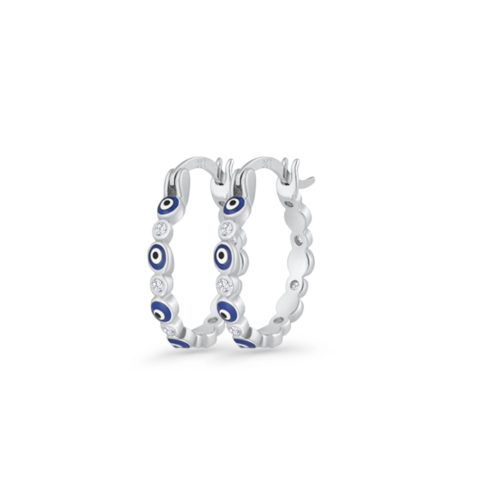 Evil Eye Hoop Earring 15mm Round Cubic Zirconia 925 Sterling Silver