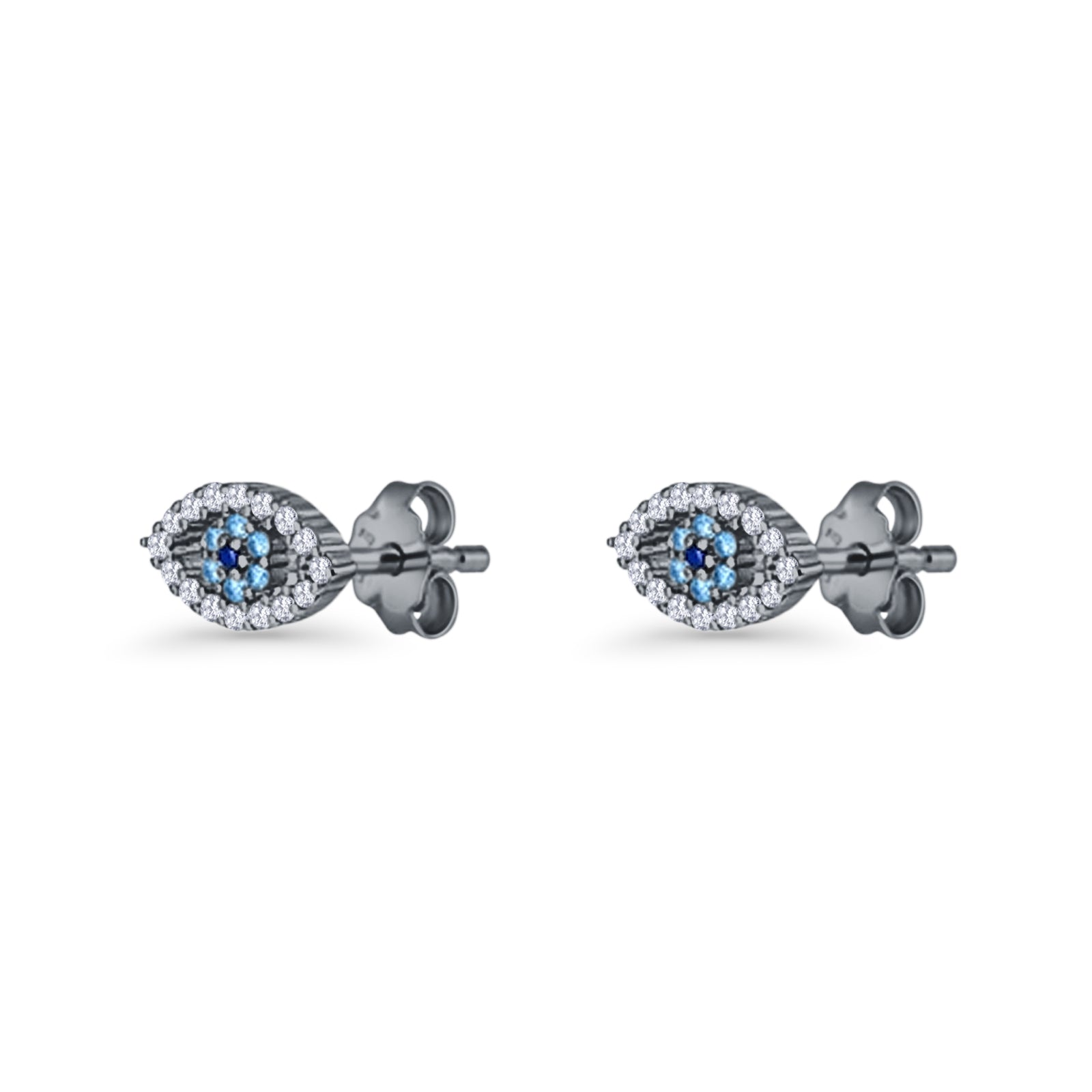 Evil Eye Earrings 6.2mm Floral Blue & Clear Cubic Zirconia 925 Sterling Silver