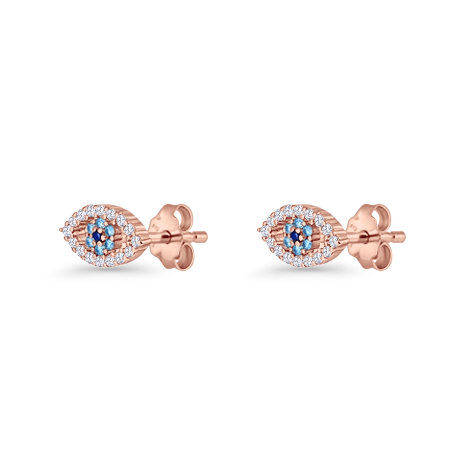 Evil Eye Earrings 6.2mm Floral Blue & Clear Cubic Zirconia 925 Sterling Silver