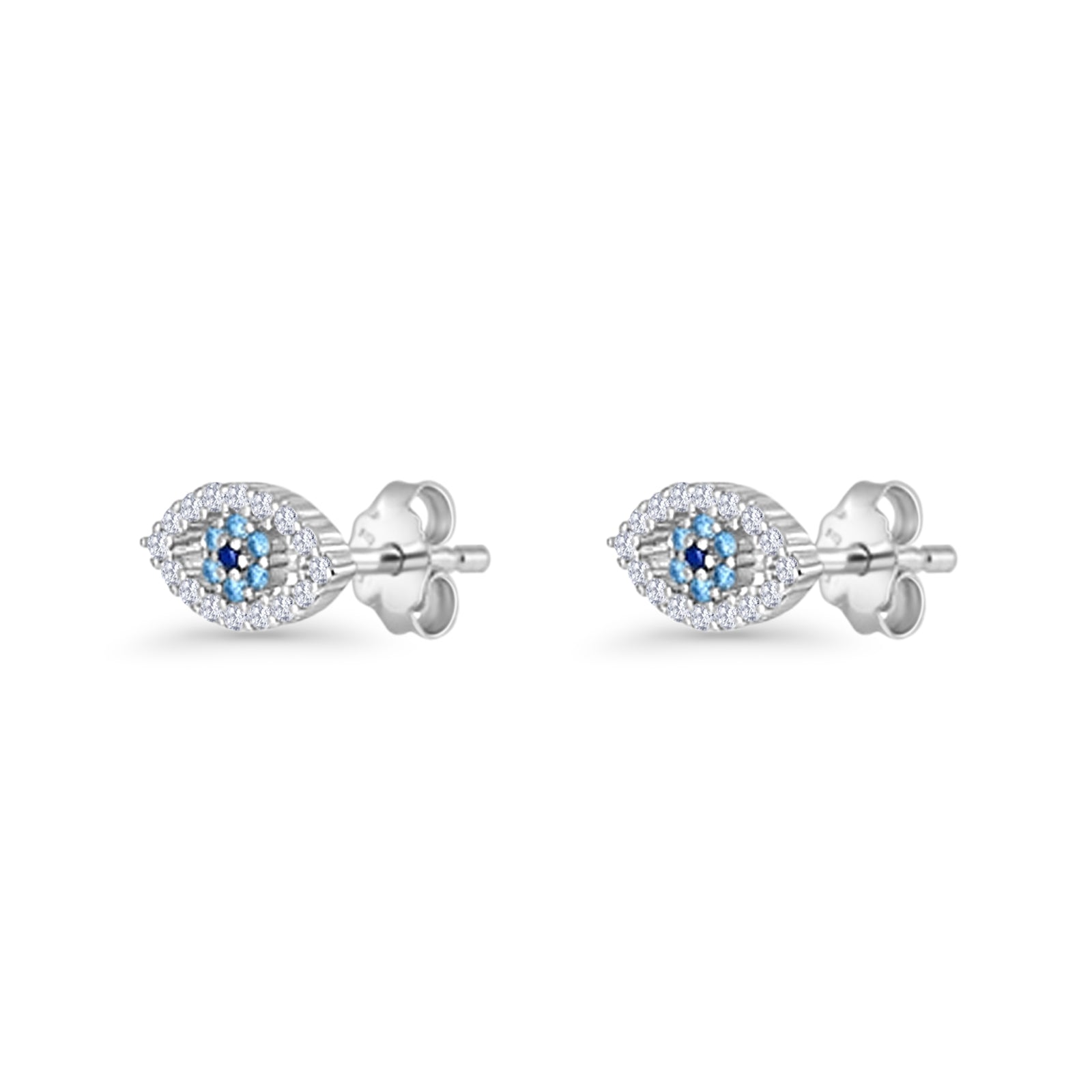Evil Eye Earrings 6.2mm Floral Blue & Clear Cubic Zirconia 925 Sterling Silver