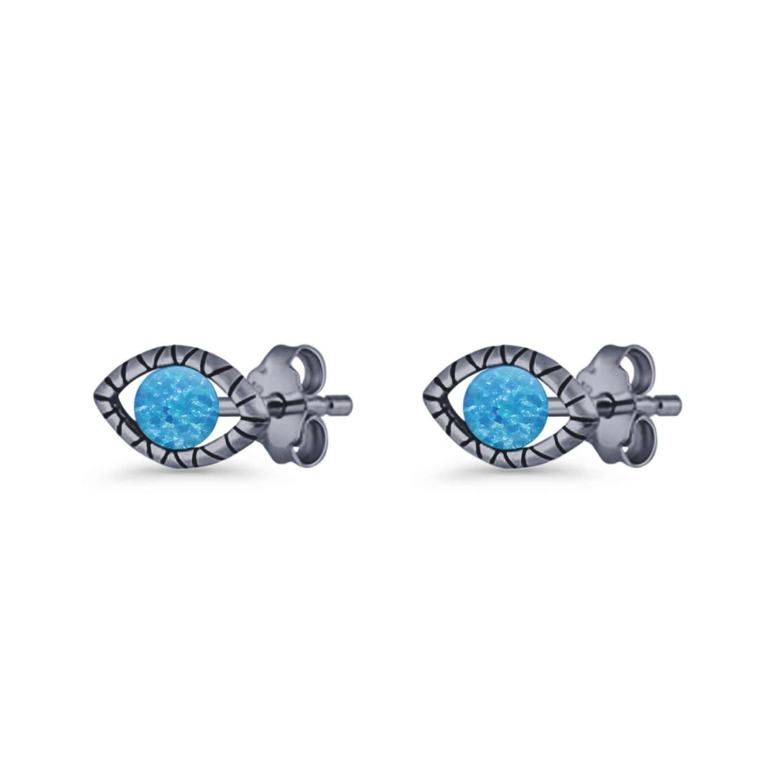 Eyelashes Eye Stud Earring 4.8mm Lab Created Opal Oxidized 925 Sterling Silver