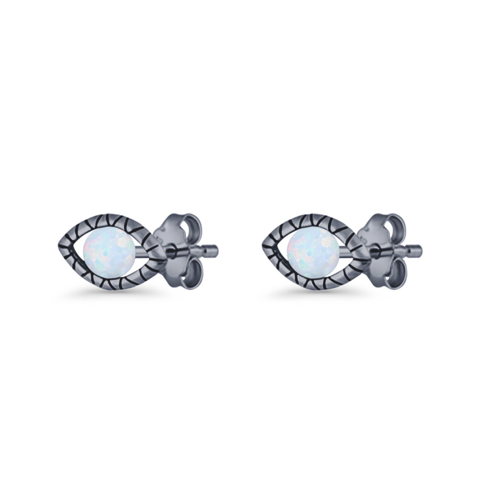 Eyelashes Eye Stud Earring 4.8mm Lab Created Opal Oxidized 925 Sterling Silver