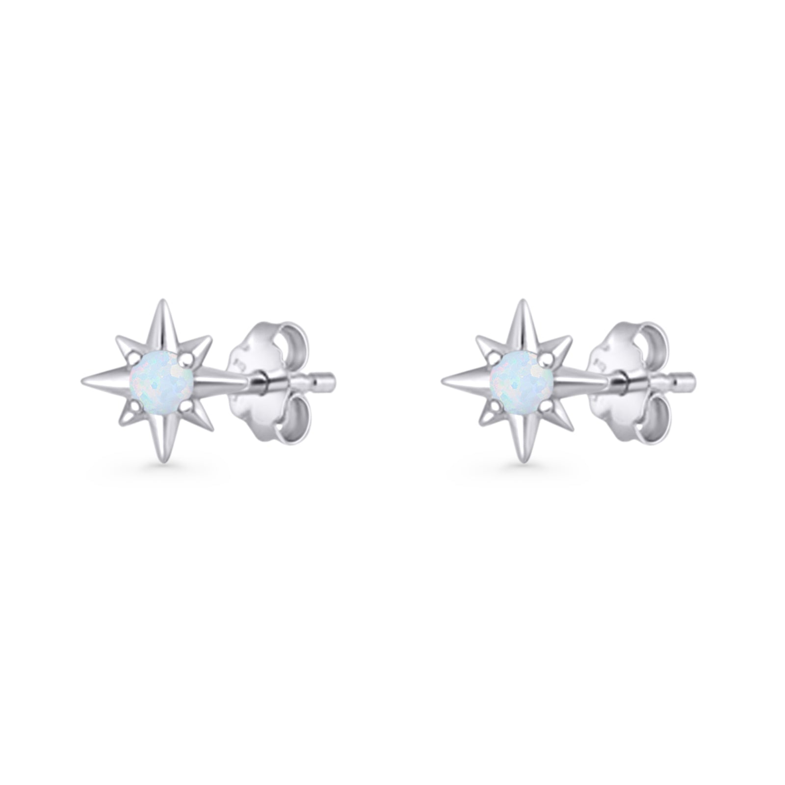 Round 5.4mm Star Stud Earring Lab Created Opal 925 Sterling Silver