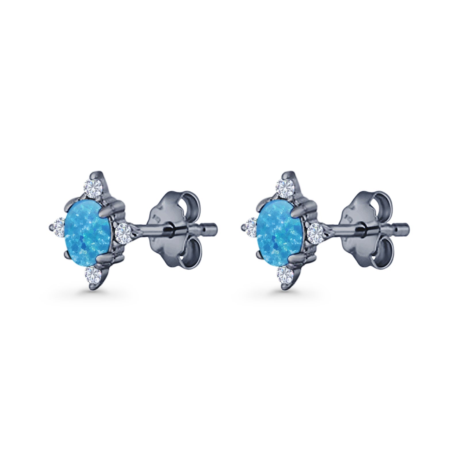 Floral Oval Stud Earring Lab Created White Opal  925 Sterling Silver