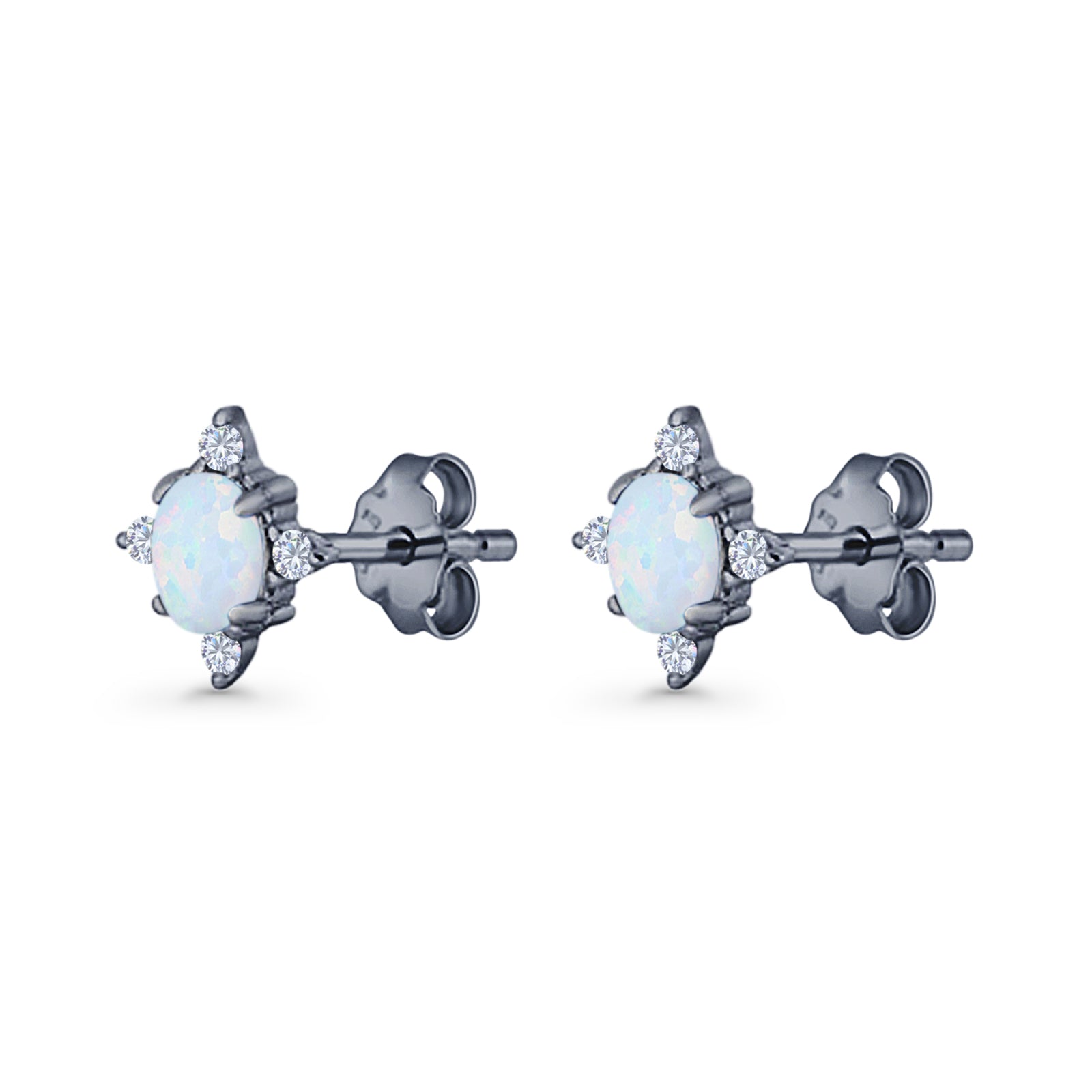 Floral Oval Stud Earring Lab Created White Opal  925 Sterling Silver