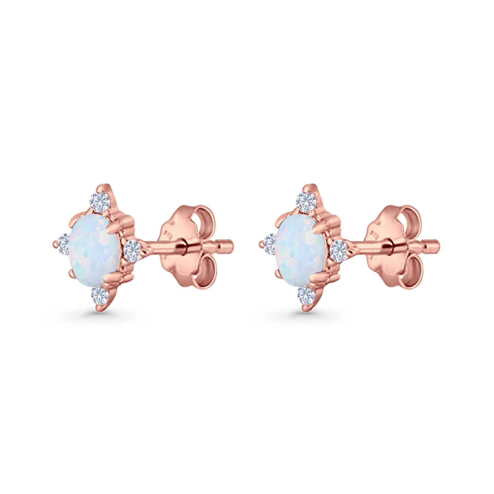 Floral Oval Stud Earring Lab Created White Opal  925 Sterling Silver