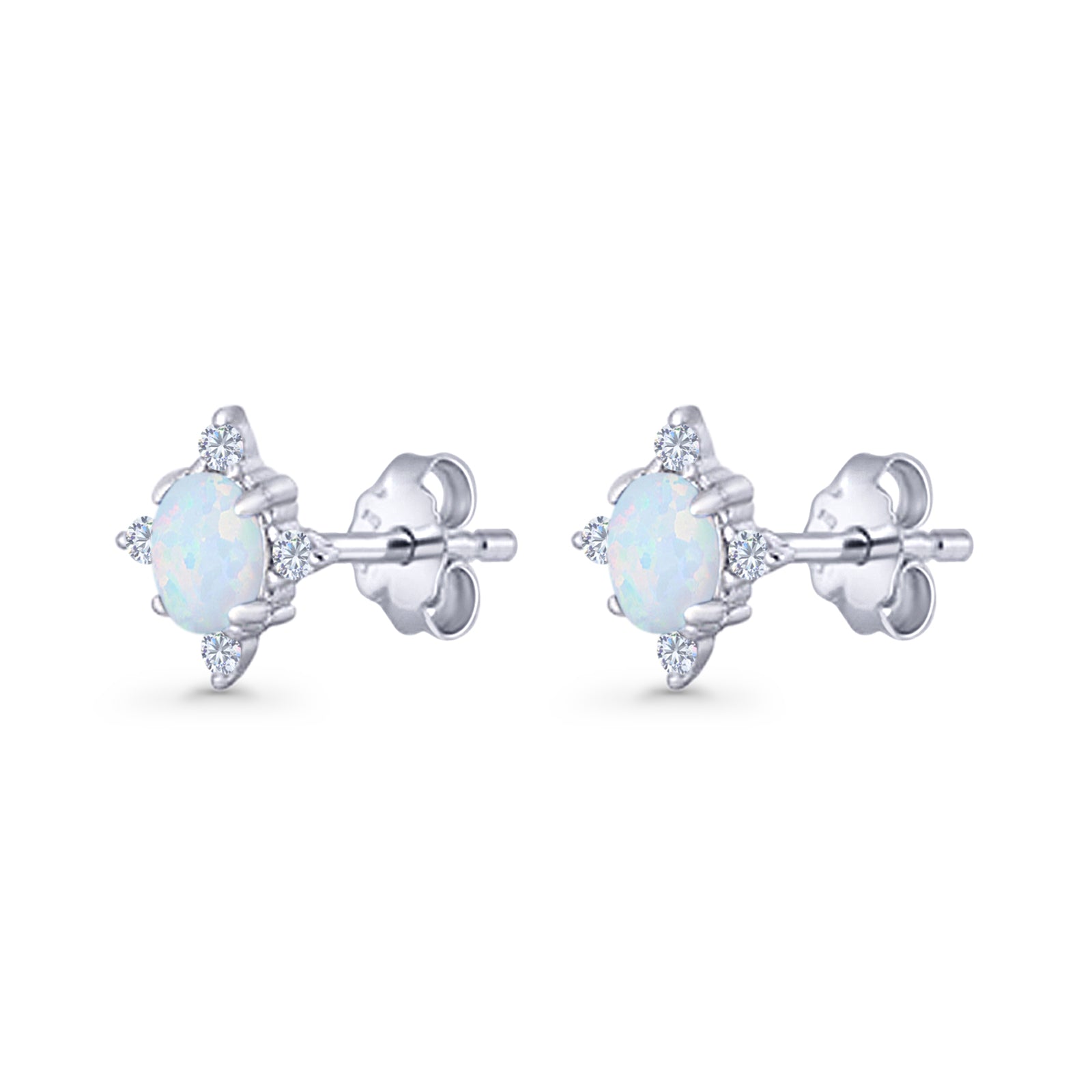 Floral Oval Stud Earring Lab Created White Opal  925 Sterling Silver