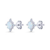 Floral Oval Stud Earring Lab Created White Opal  925 Sterling Silver