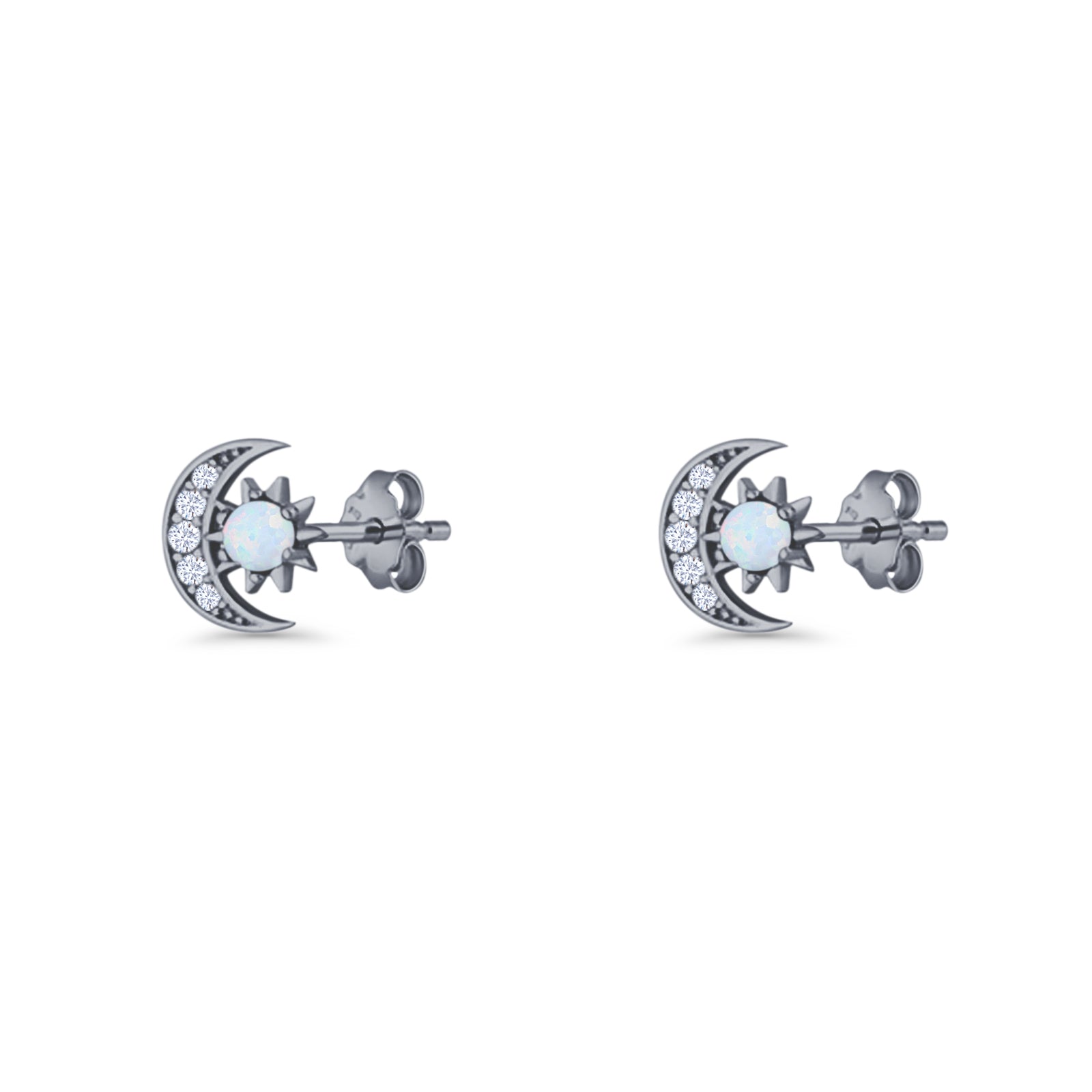 Moon & Star 8.4mm Stud Earring Lab Created White Opal 925 Sterling Silver