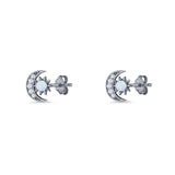 Moon & Star 8.4mm Stud Earring Lab Created White Opal 925 Sterling Silver