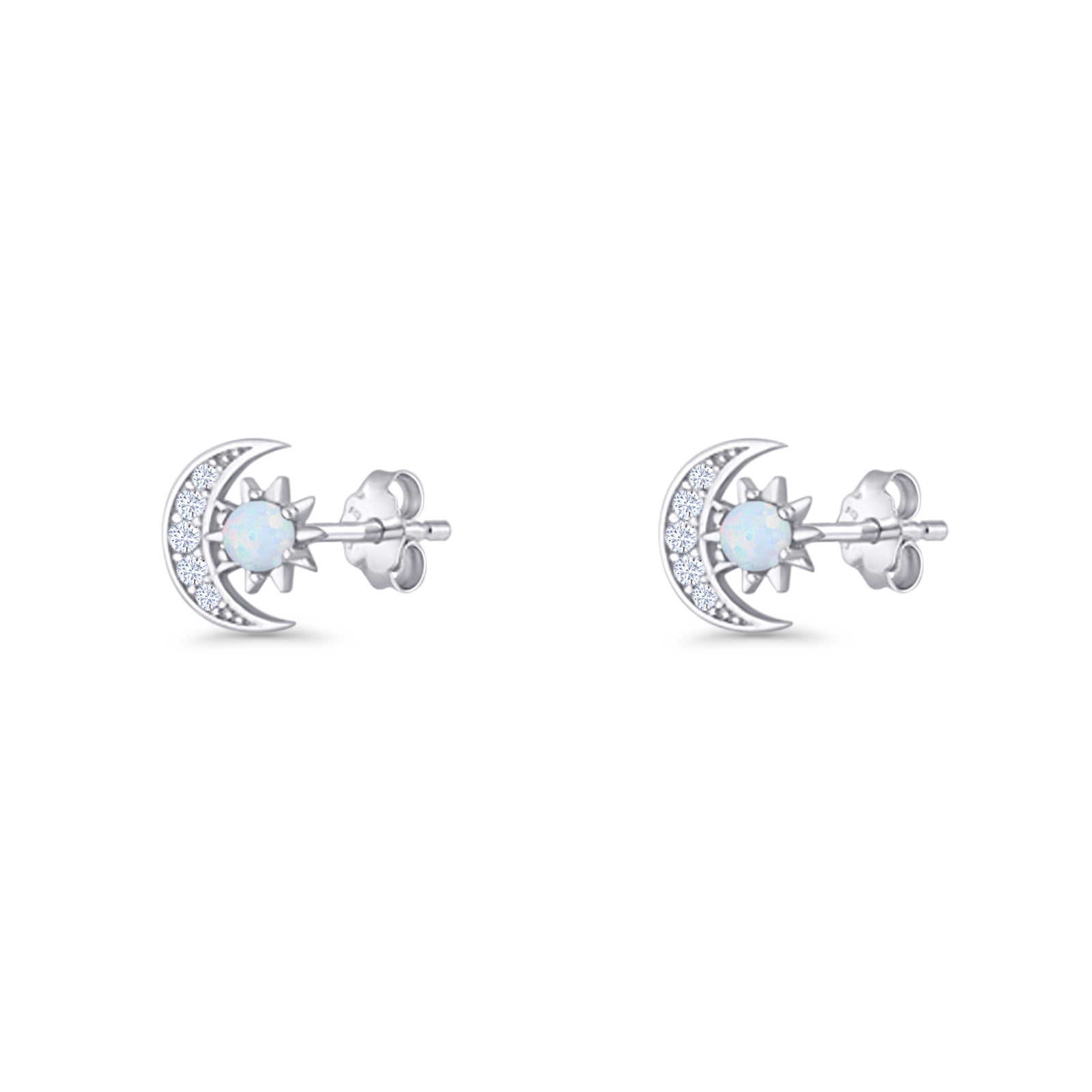 Moon & Star 8.4mm Stud Earring Lab Created White Opal 925 Sterling Silver