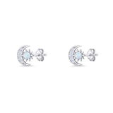 Moon & Star 8.4mm Stud Earring Lab Created White Opal 925 Sterling Silver