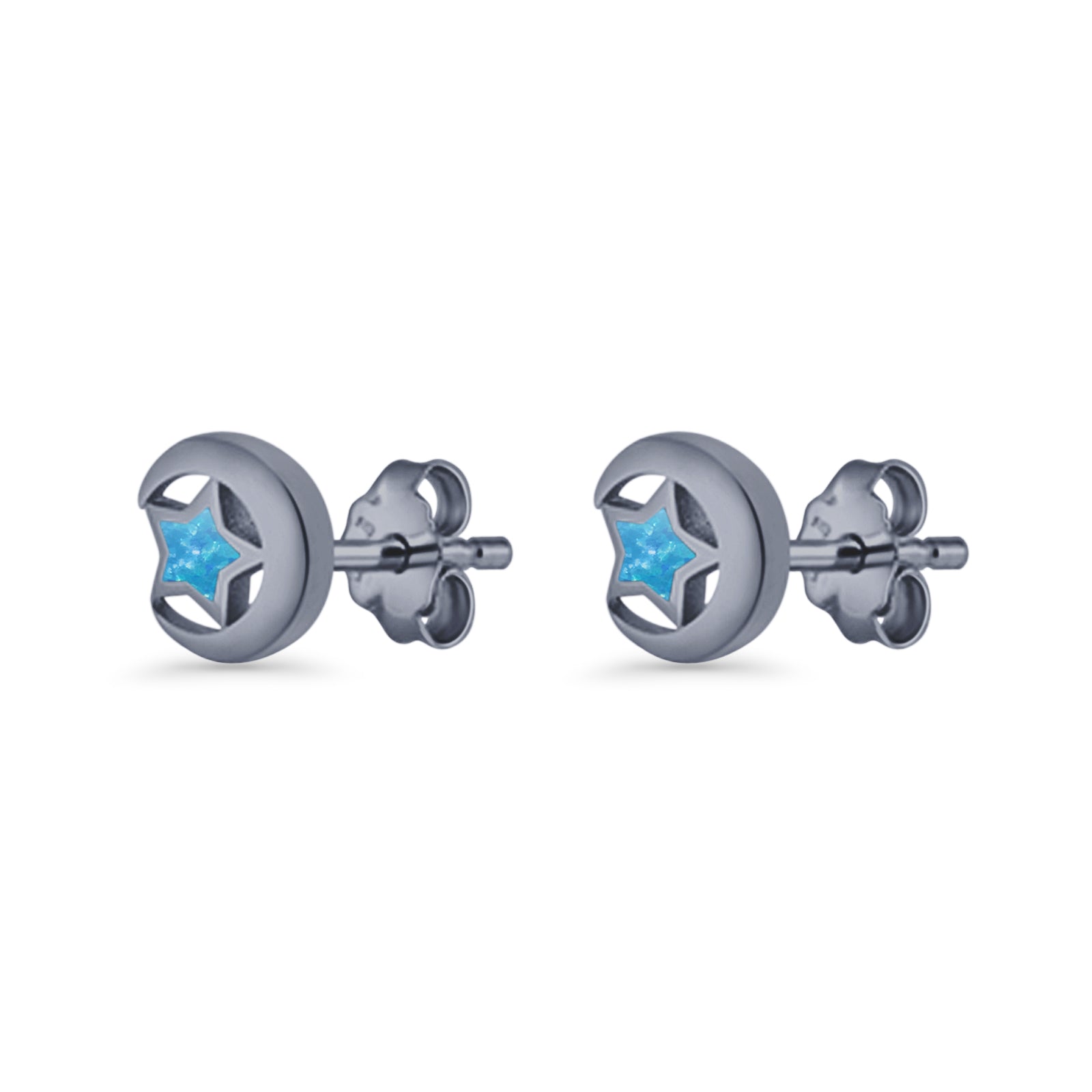 Crescent Moon & Star Stud Earring Lab Created Opal 925 Sterling Silver