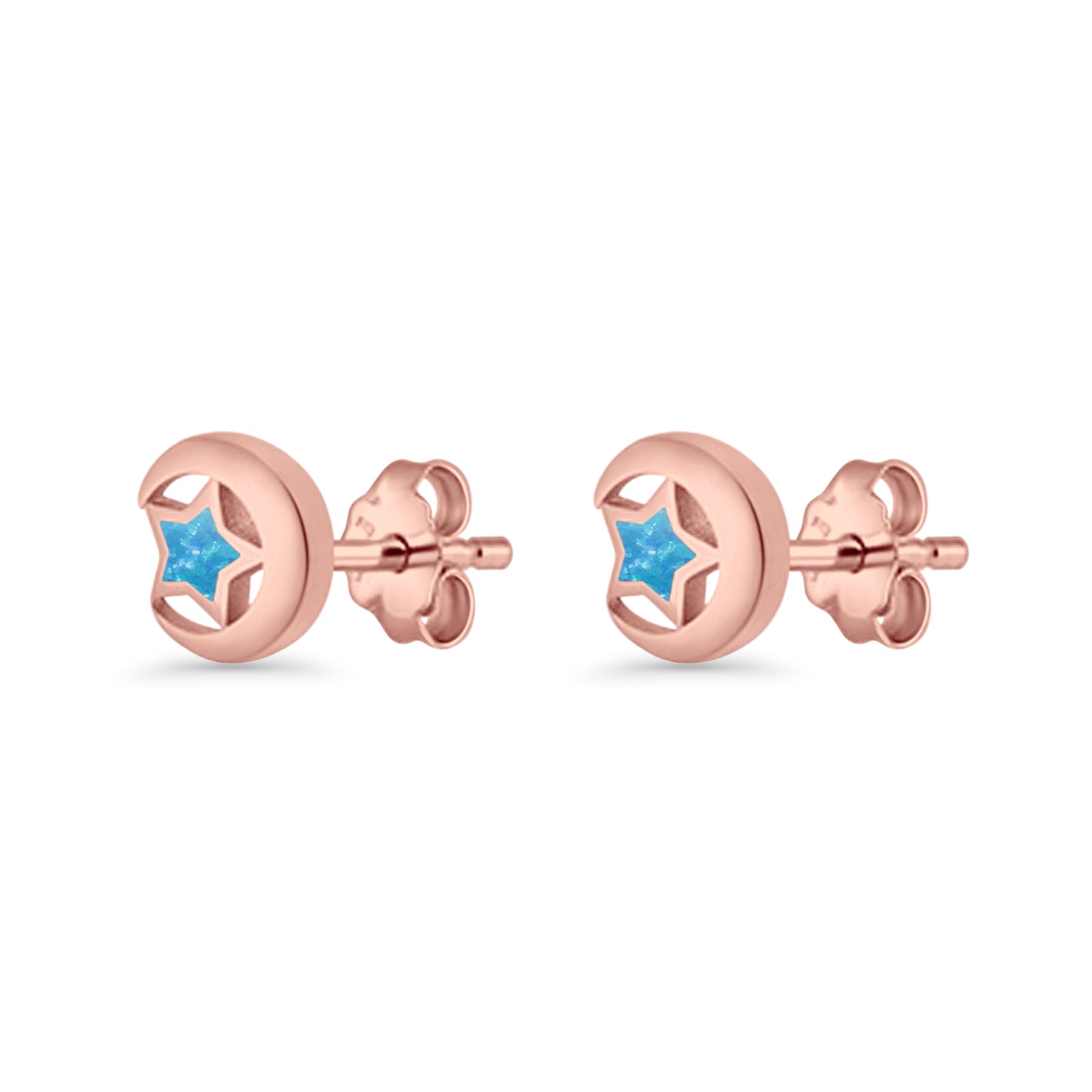 Crescent Moon & Star Stud Earring Lab Created Opal 925 Sterling Silver