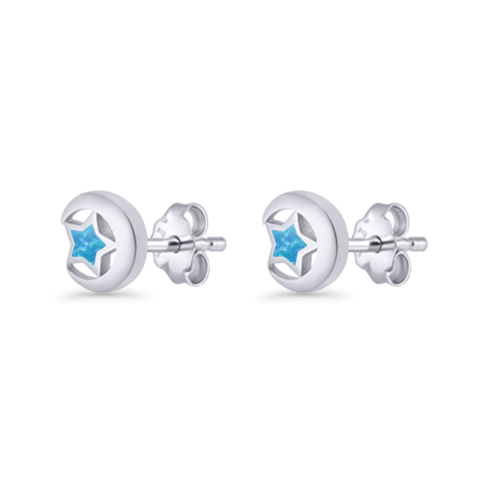 Crescent Moon & Star Stud Earring Lab Created Opal 925 Sterling Silver