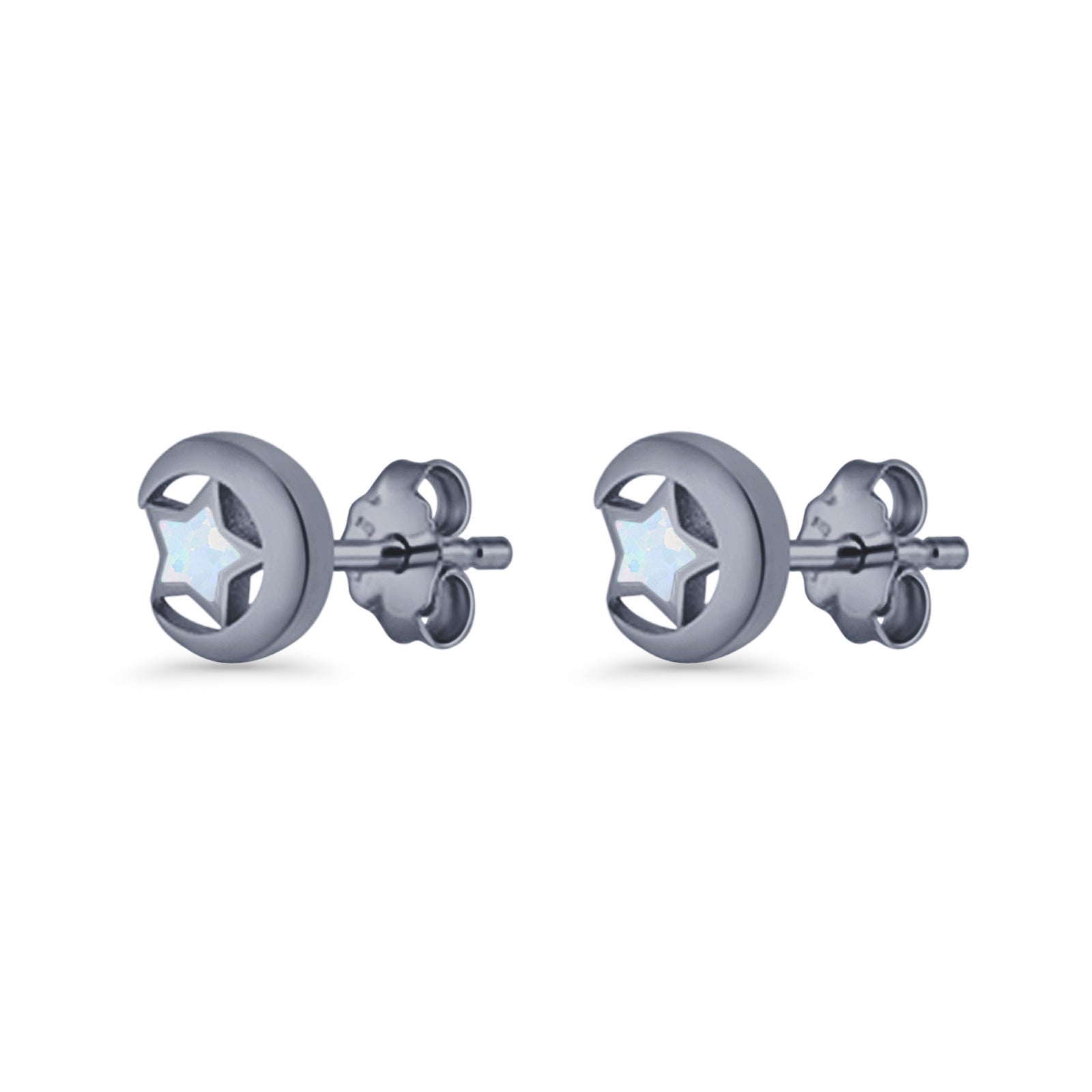 Crescent Moon & Star Stud Earring Lab Created Opal 925 Sterling Silver