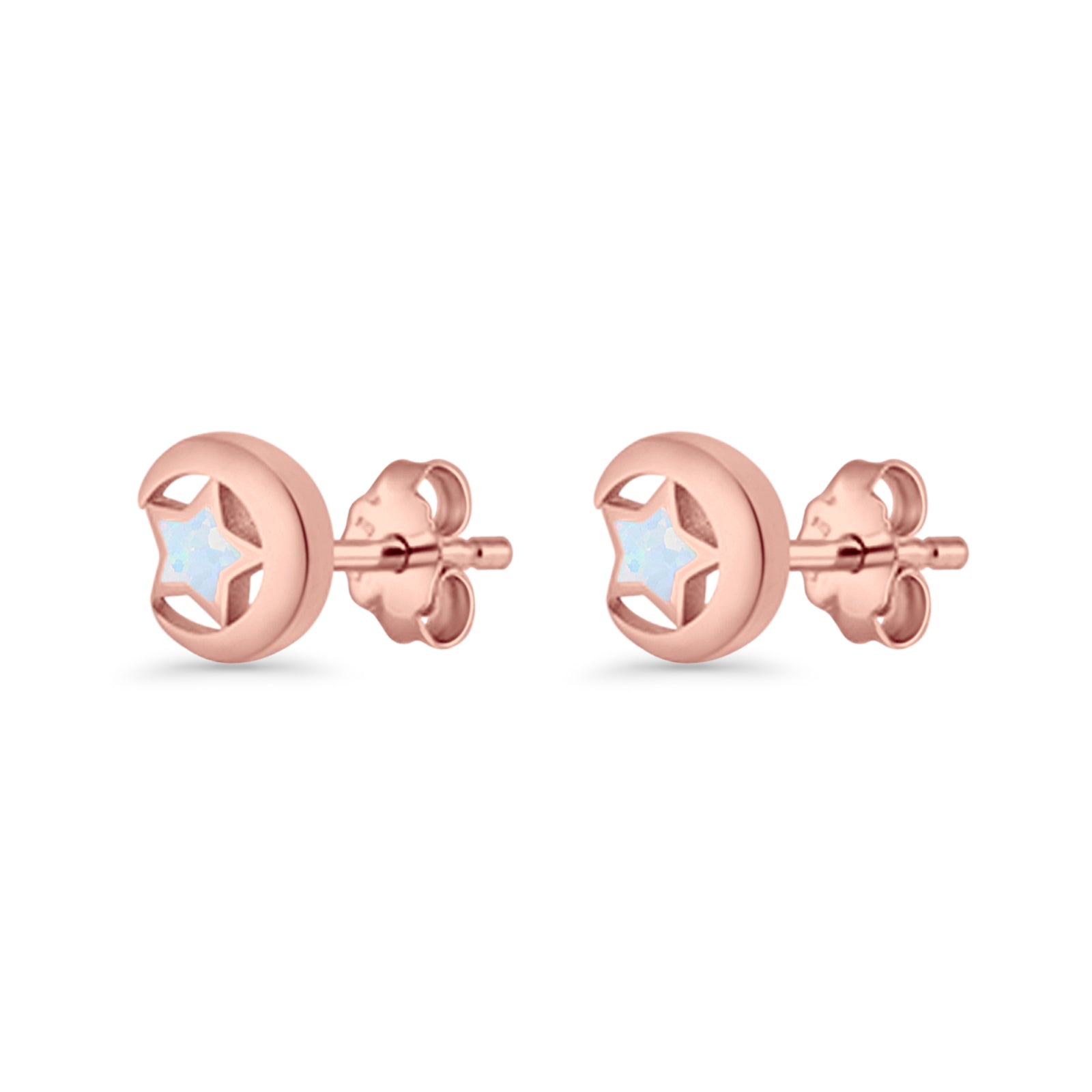 Crescent Moon & Star Stud Earring Lab Created Opal 925 Sterling Silver