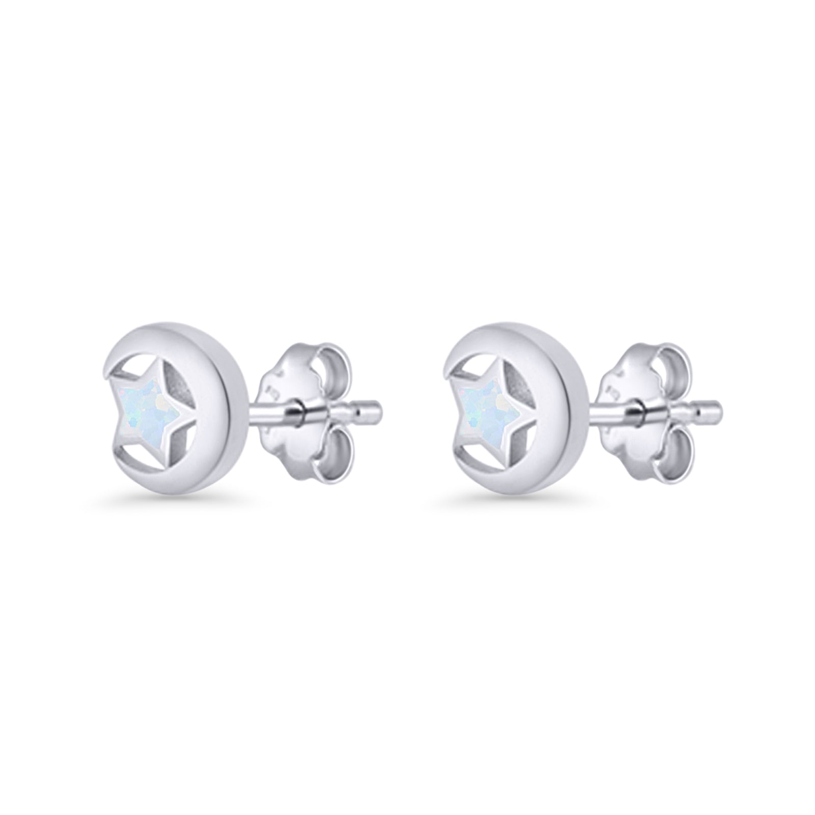 Crescent Moon & Star Stud Earring Lab Created Opal 925 Sterling Silver