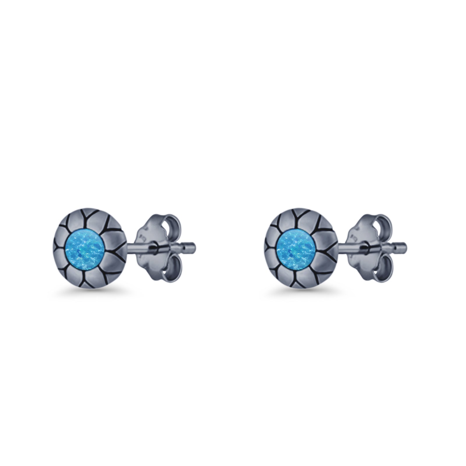 Flower Stud Earring 5.8mm Lab Created Opal Oxidized 925 Sterling Silver