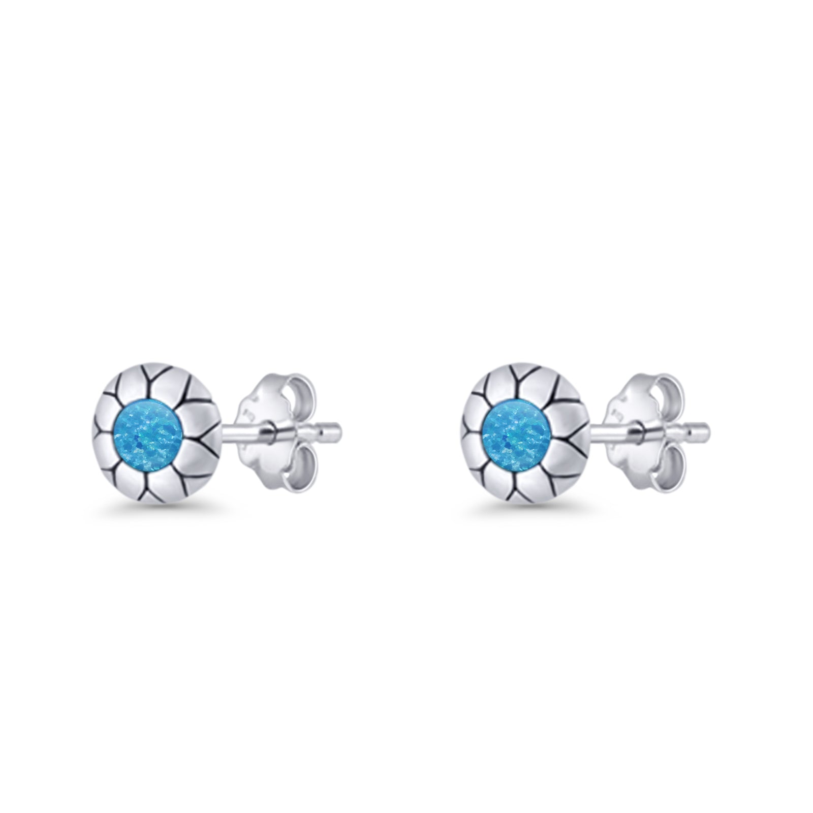 Flower Stud Earring 5.8mm Lab Created Opal Oxidized 925 Sterling Silver