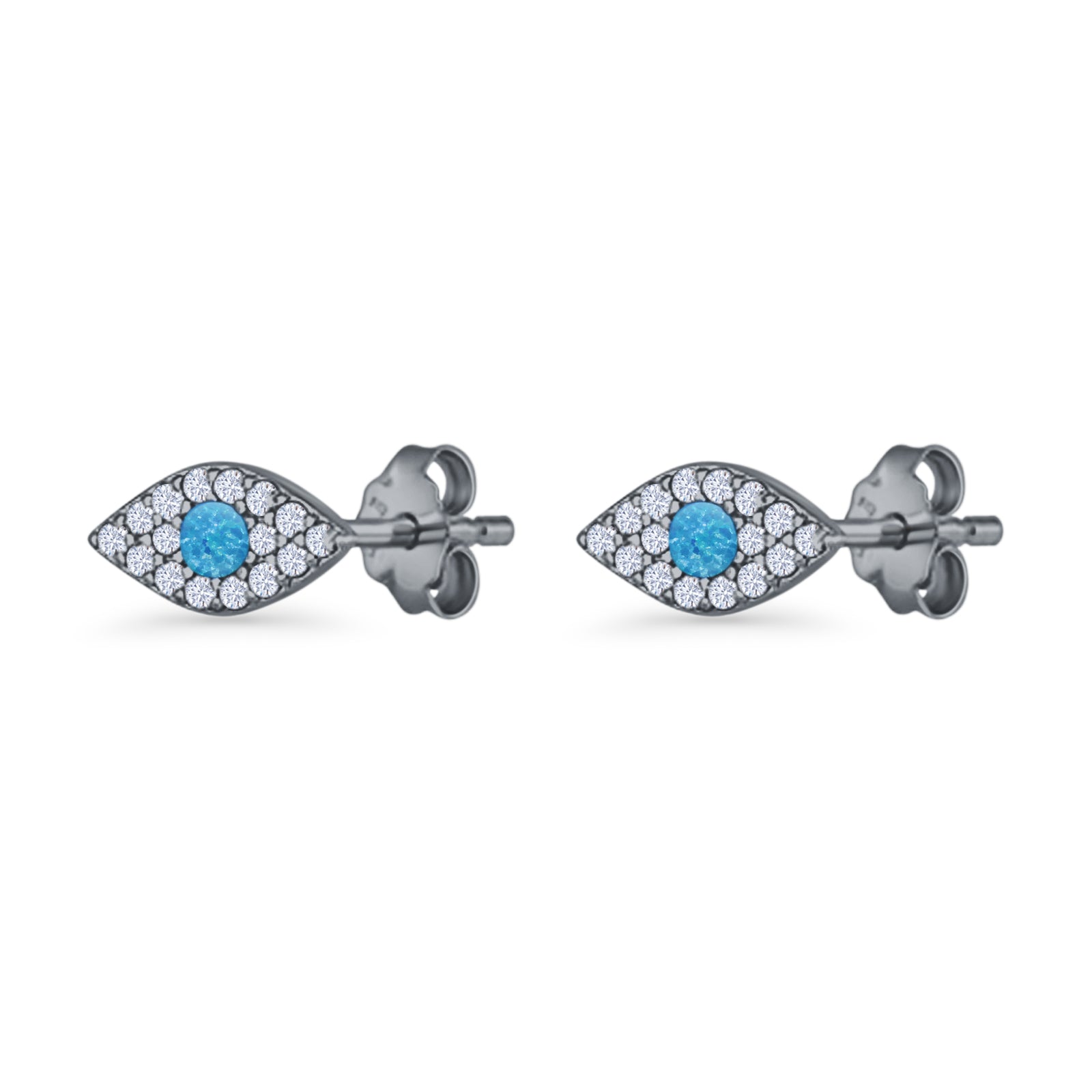 Round Lab Created Opal 6.6mm Marquise Evil Eye Stud Earring 925 Sterling Silver