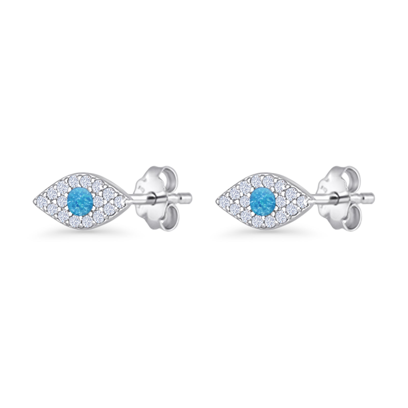 Round Lab Created Opal 6.6mm Marquise Evil Eye Stud Earring 925 Sterling Silver