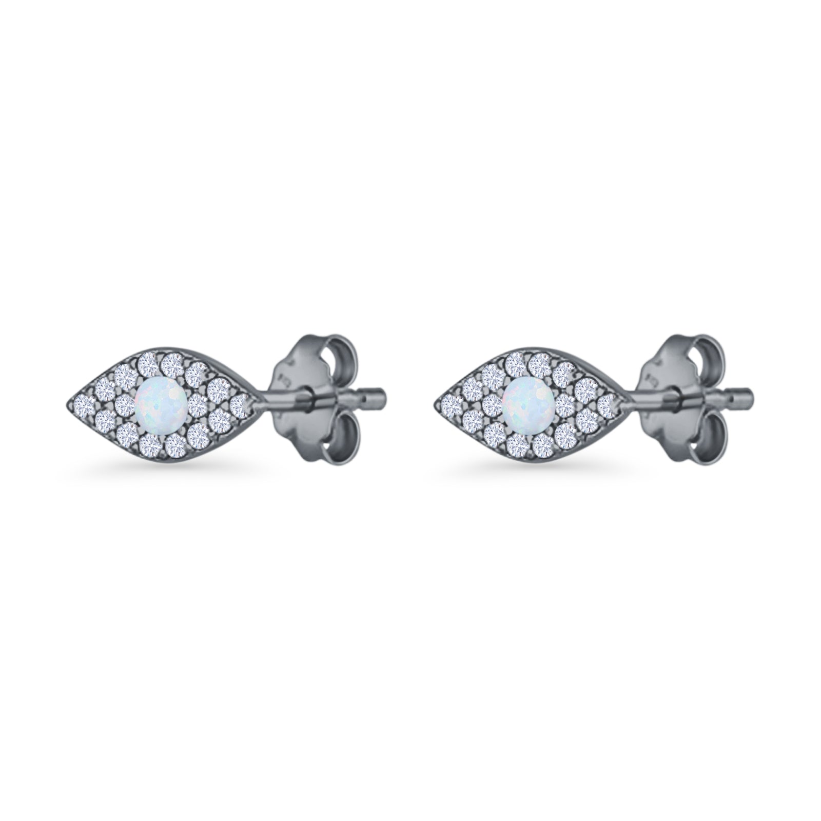 Round Lab Created Opal 6.6mm Marquise Evil Eye Stud Earring 925 Sterling Silver