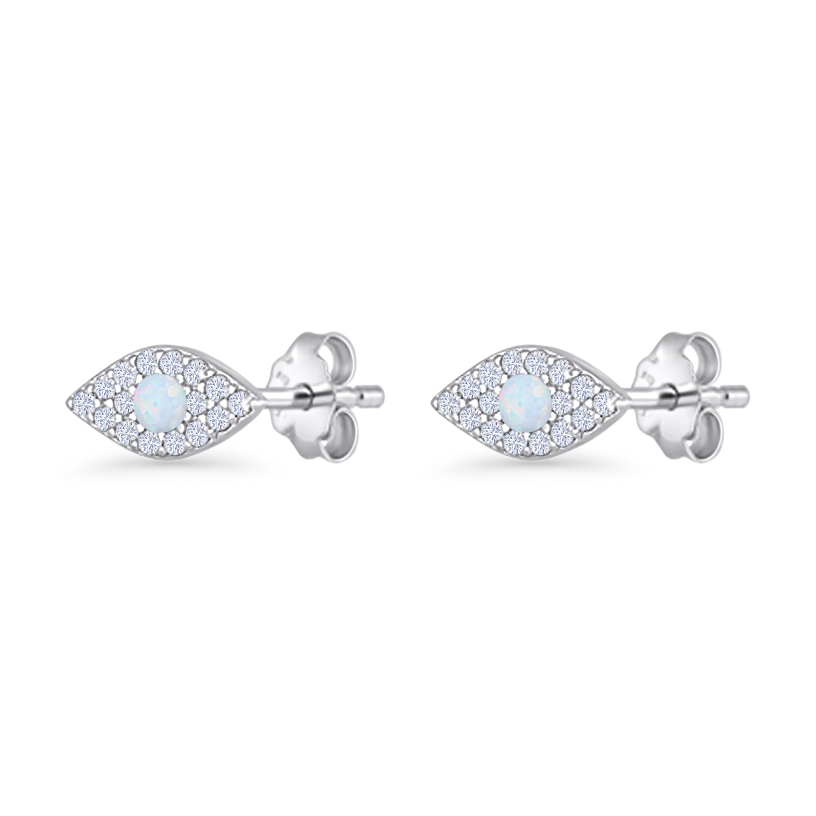 Round Lab Created Opal 6.6mm Marquise Evil Eye Stud Earring 925 Sterling Silver