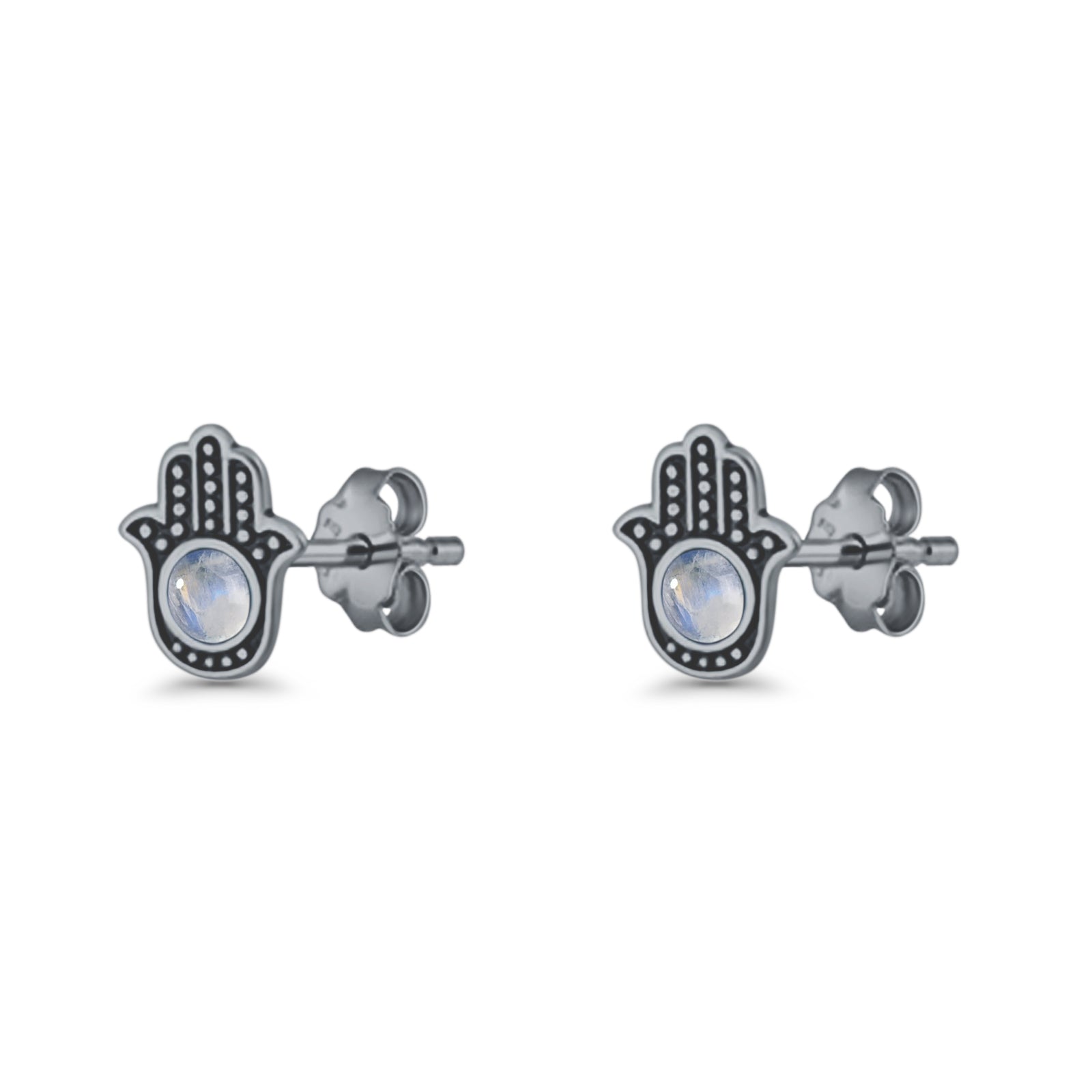 Round 9mm Lab Created Opal Hand Of Hamsa Stud Earring Oxidized 925 Sterling Silver