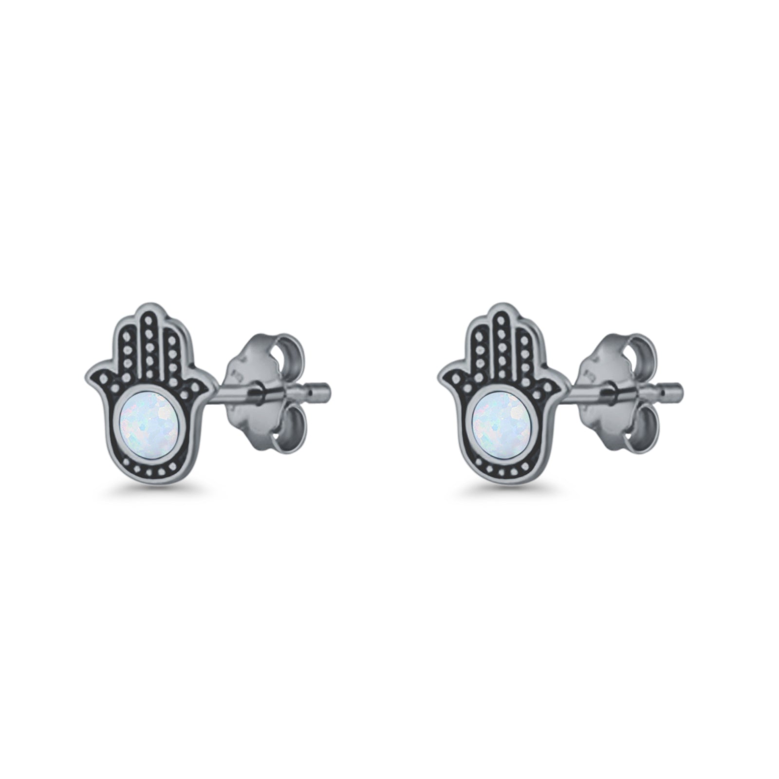 Round 9mm Lab Created Opal Hand Of Hamsa Stud Earring Oxidized 925 Sterling Silver