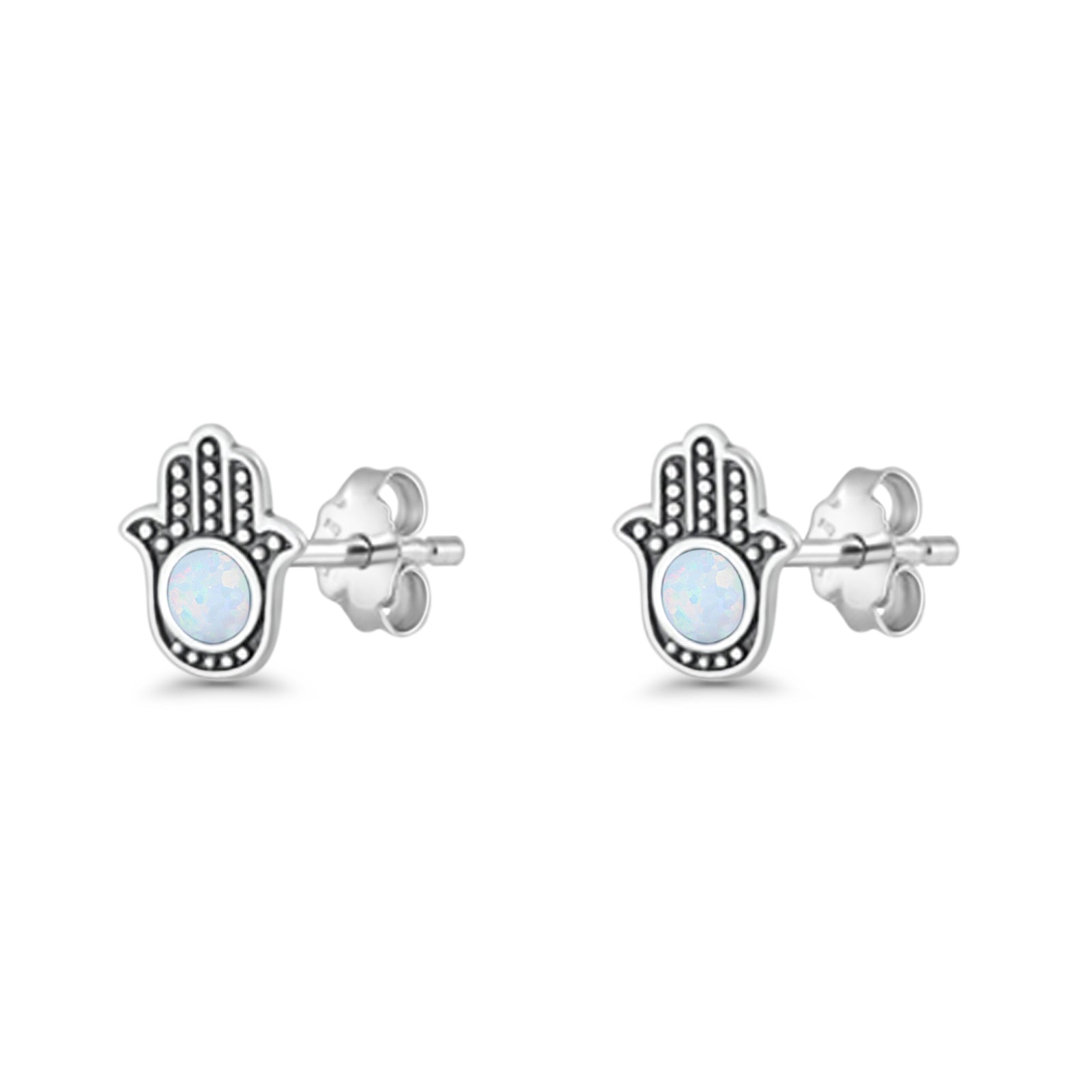 Round 9mm Lab Created Opal Hand Of Hamsa Stud Earring Oxidized 925 Sterling Silver