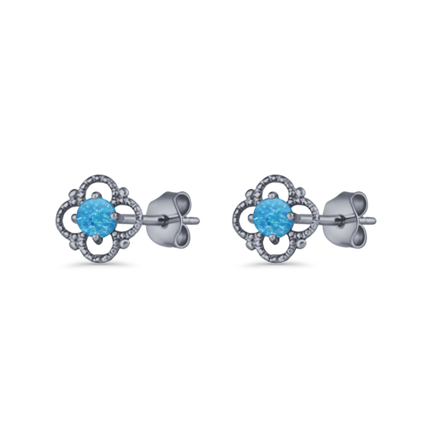 Round 6.5mm Lab Created Opal Four Leaf Clover Stud Earring 925 Sterling Silver