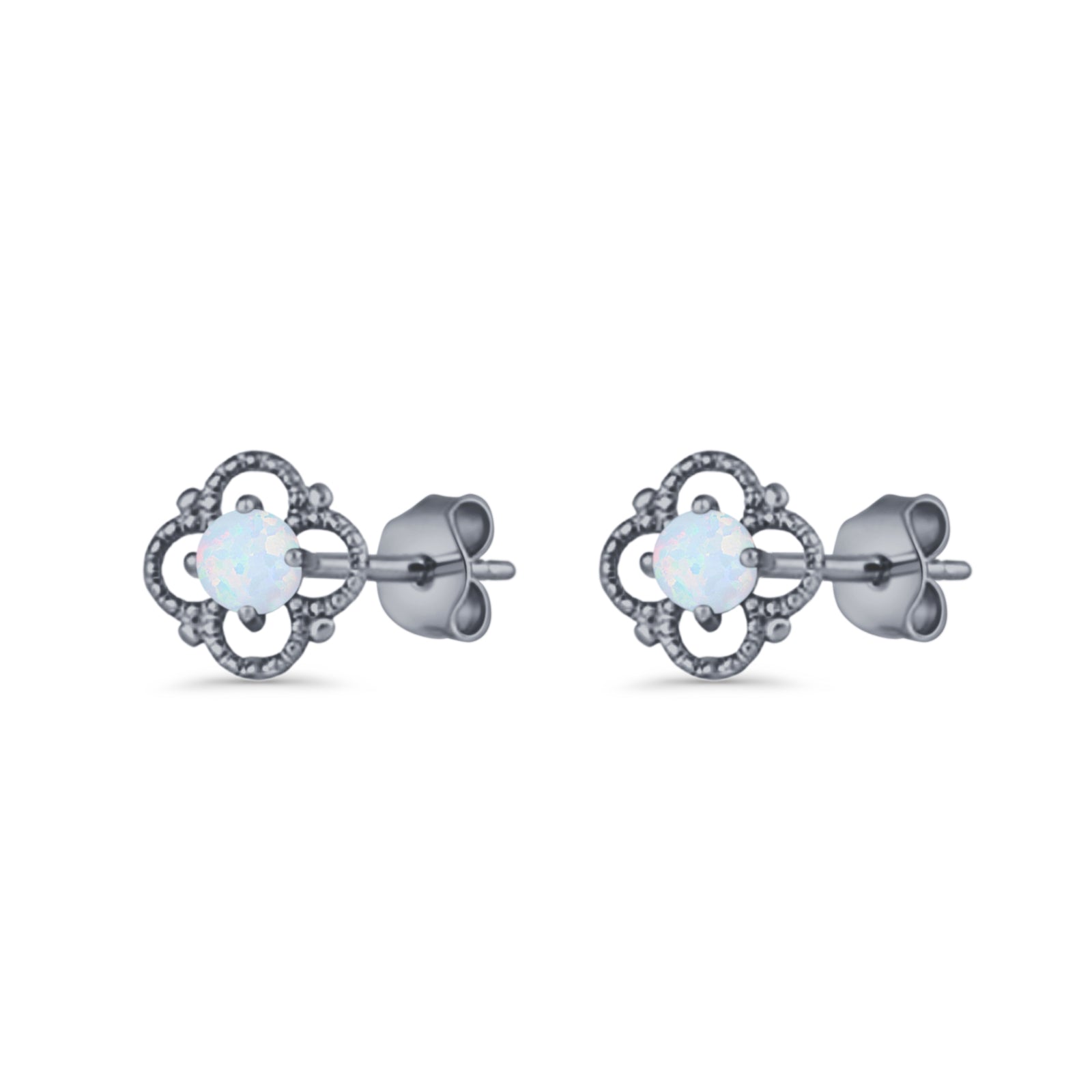 Round 6.5mm Lab Created Opal Four Leaf Clover Stud Earring 925 Sterling Silver