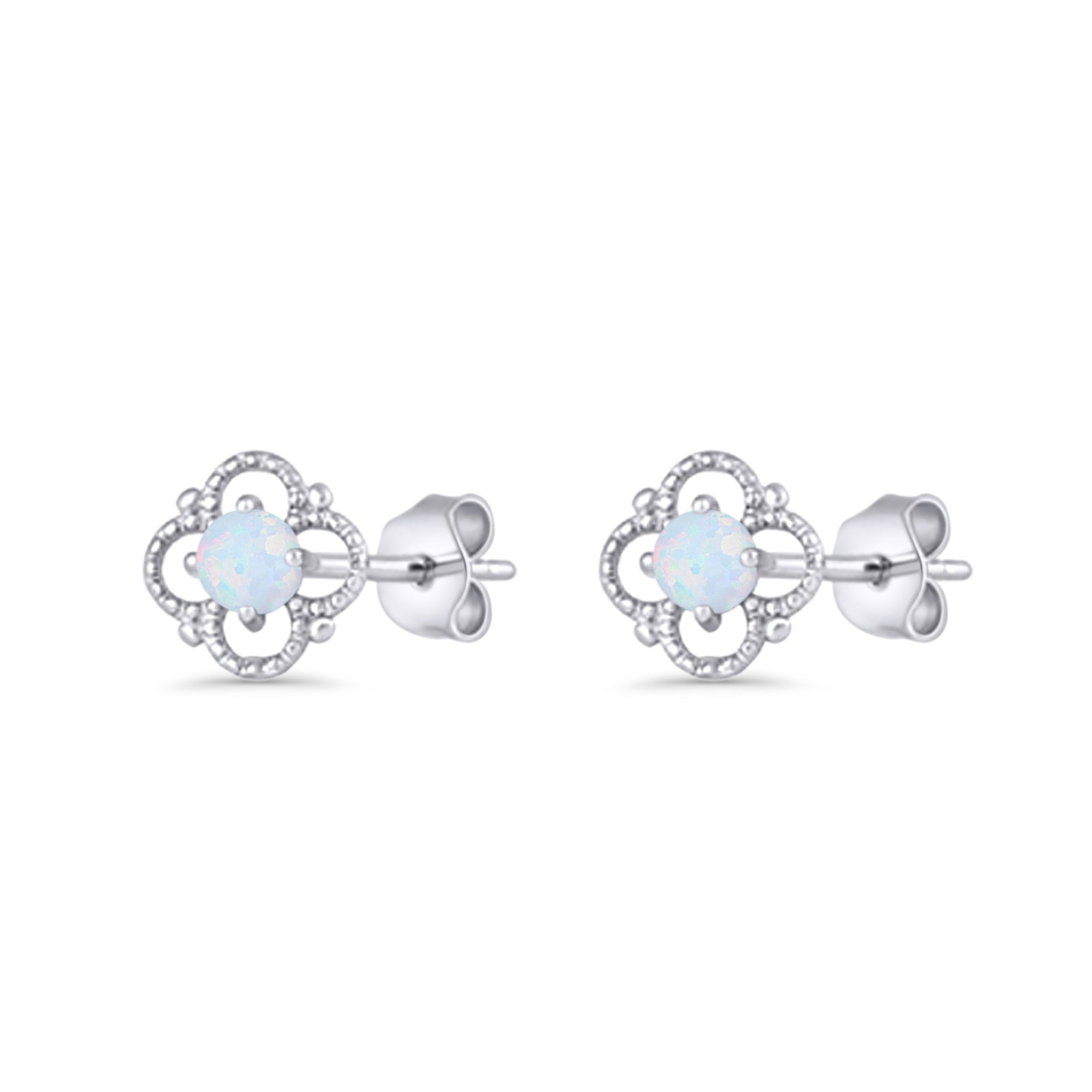 Round 6.5mm Lab Created Opal Four Leaf Clover Stud Earring 925 Sterling Silver