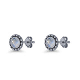 Round Beaded 7.2mm Lab Created Opal Stud Earring Oxidized 925 Sterling Silver