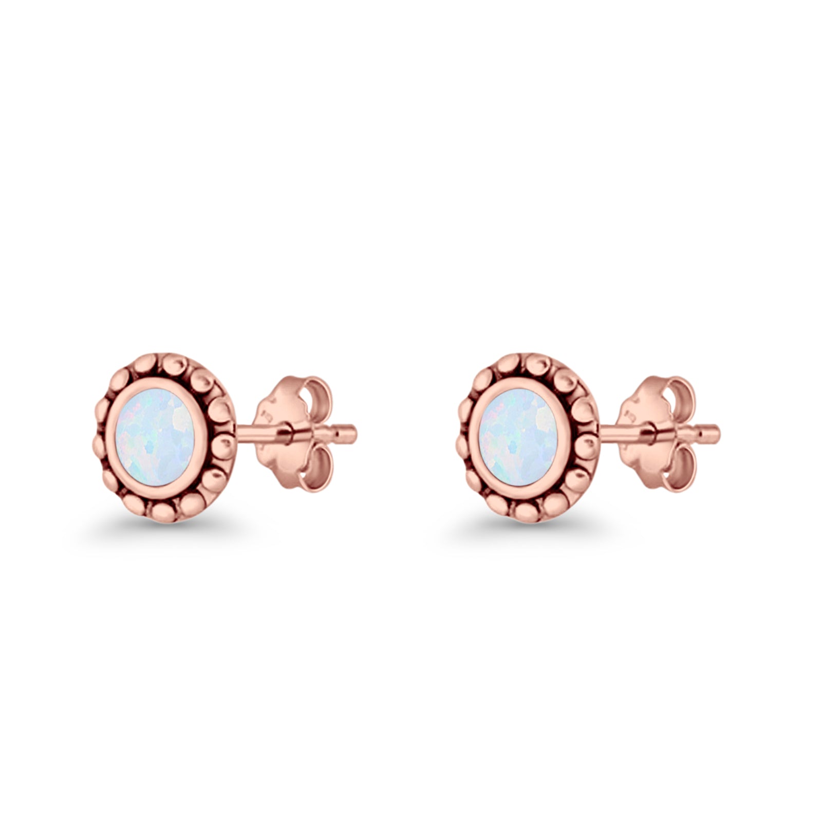 Round Beaded 7.2mm Lab Created Opal Stud Earring Oxidized 925 Sterling Silver