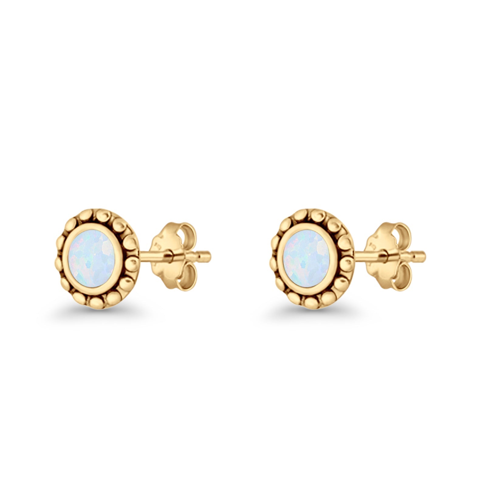 Round Beaded 7.2mm Lab Created Opal Stud Earring Oxidized 925 Sterling Silver