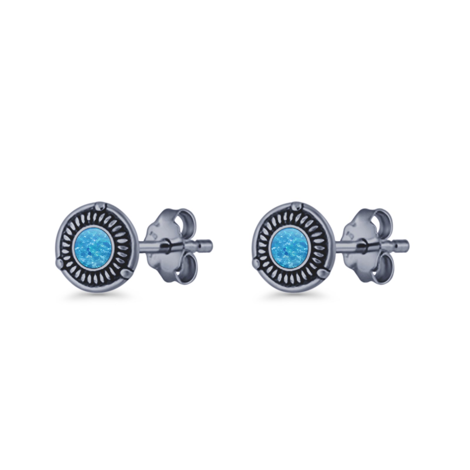 Floral Boho Stud Earring 7.4mm Oxidized Lab Created Opal 925 Sterling Silver