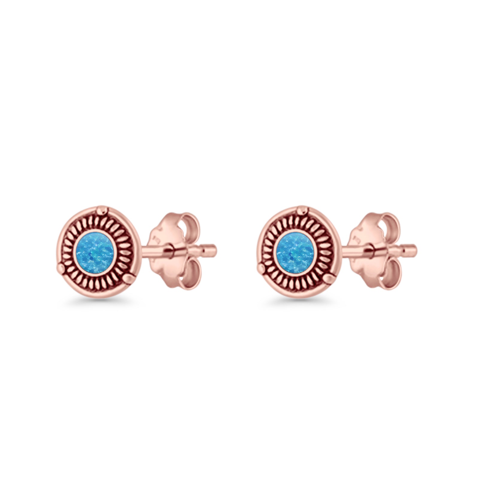 Floral Boho Stud Earring 7.4mm Oxidized Lab Created Opal 925 Sterling Silver