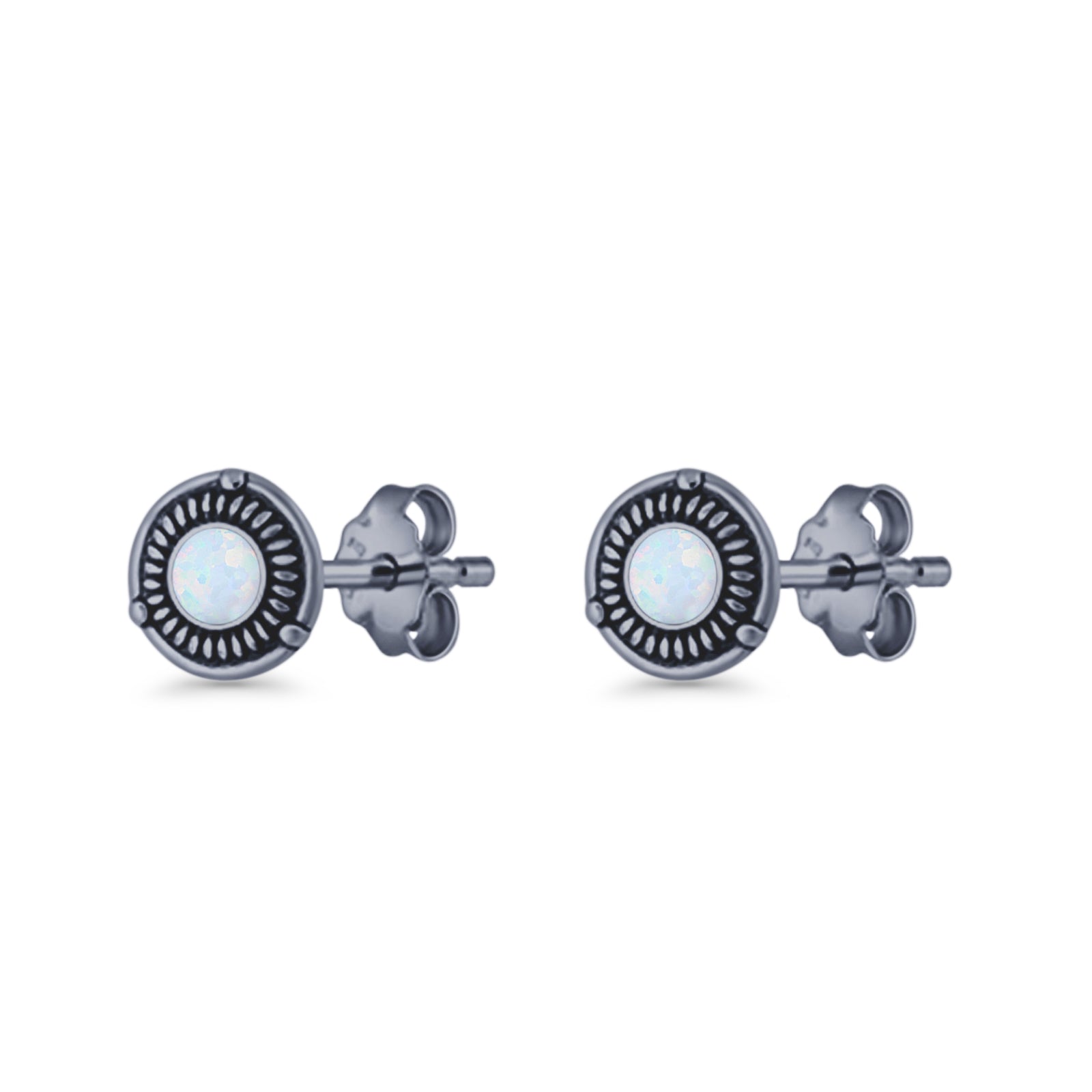 Floral Boho Stud Earring 7.4mm Oxidized Lab Created Opal 925 Sterling Silver