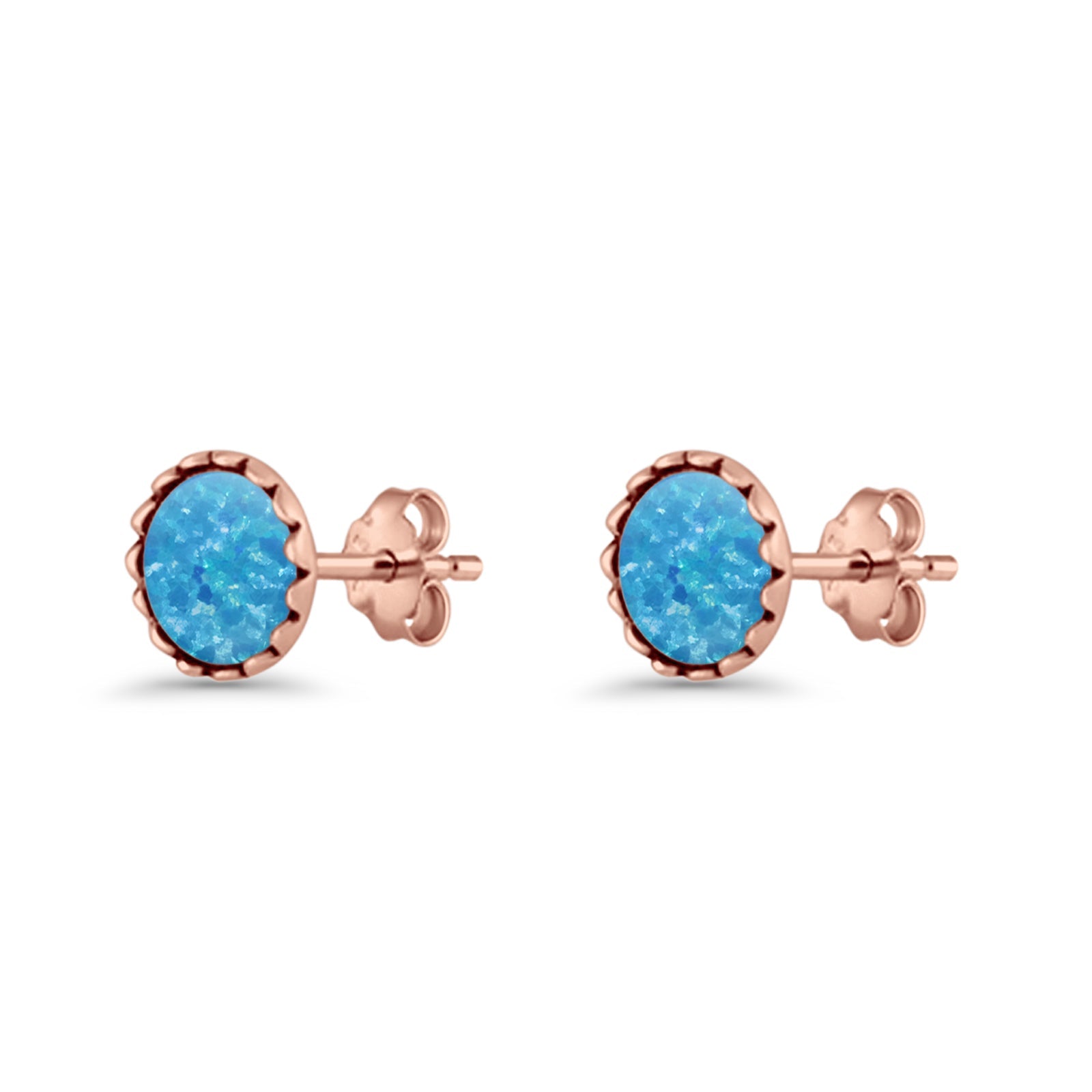 Round Lab Created Opal Stud Earring Oxidized 925 Sterling Silver
