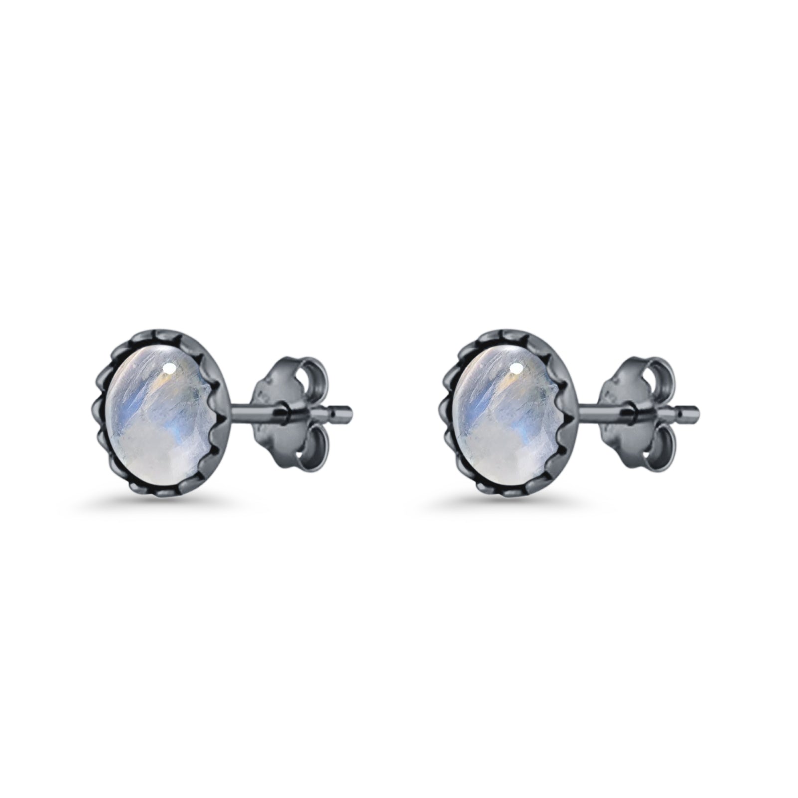 Round Lab Created Opal Stud Earring Oxidized 925 Sterling Silver