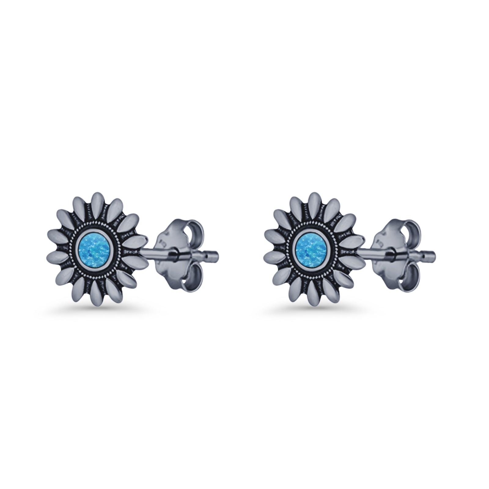 Sunflower Stud Earring 8.6mm Lab Created Opal Oxidized 925 Sterling Silver