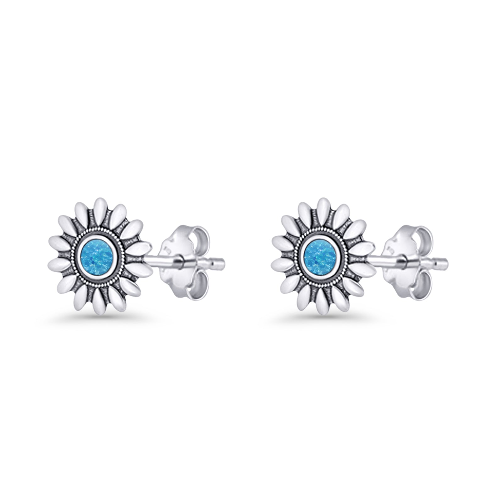 Sunflower Stud Earring 8.6mm Lab Created Opal Oxidized 925 Sterling Silver